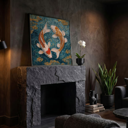 Koi Fish Yin Yang Canvas in black floating frame