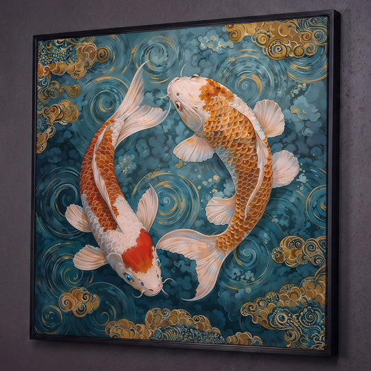 Koi Fish Yin Yang Canvas shown in black floating frame