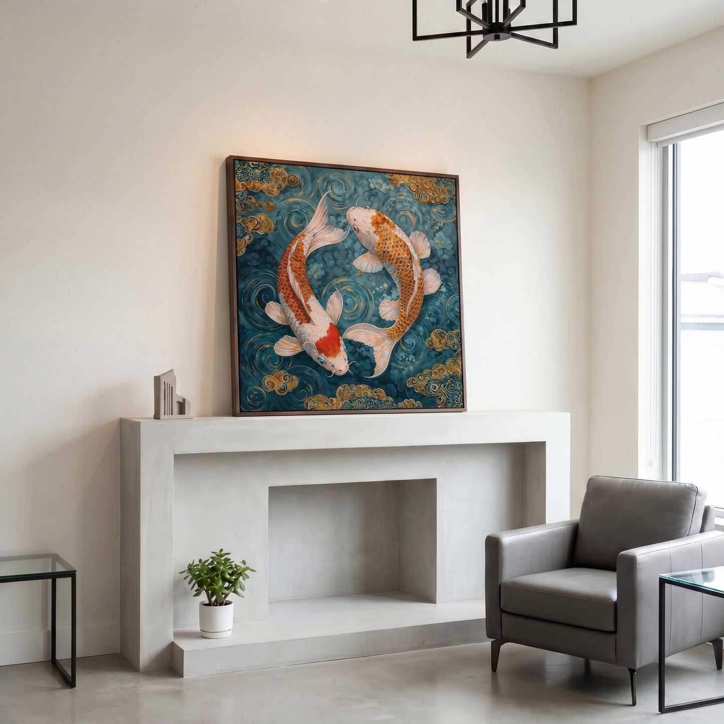 Koi Fish Yin Yang Canvas in dark walnut floating frame