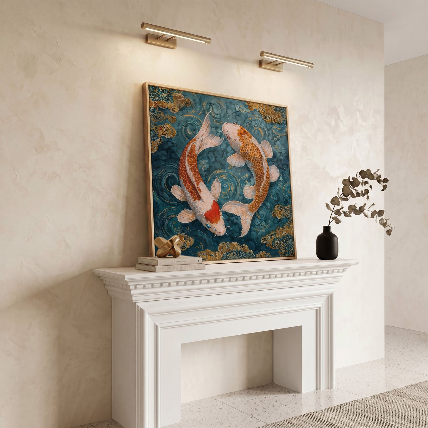 Koi Fish Yin Yang Canvas in white oak floating frame
