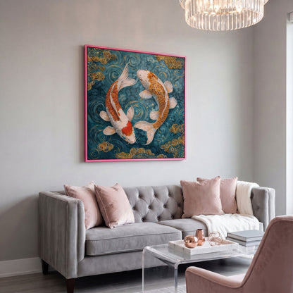Koi Fish Yin Yang Canvas in pink floating frame