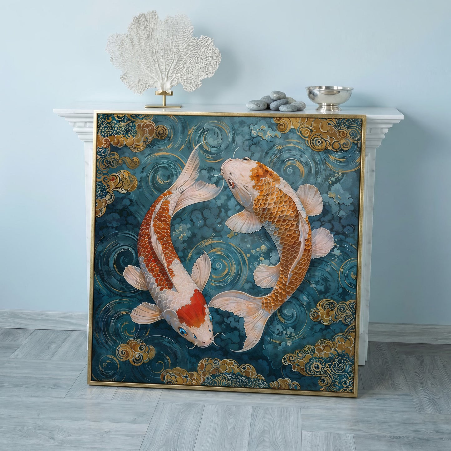 Koi Fish Yin Yang Canvas in rose gold floating frame