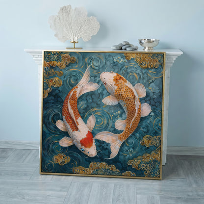 Koi Fish Yin Yang Canvas in rose gold floating frame