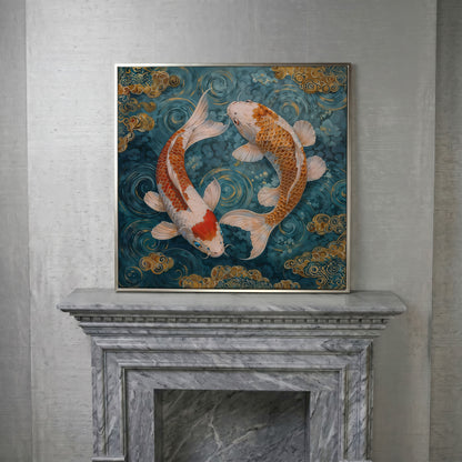 Koi Fish Yin Yang Canvas in silver floating frame