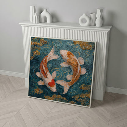 Koi Fish Yin Yang Canvas in white floating frame