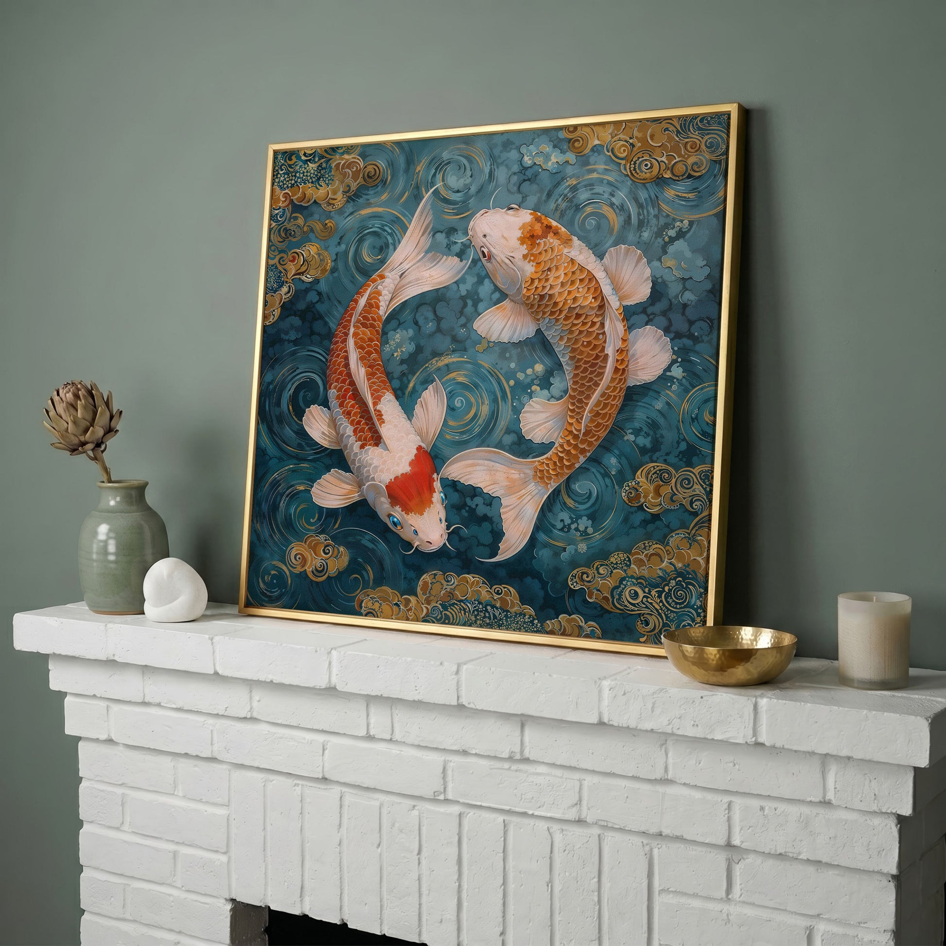 Koi Fish Yin Yang Canvas in yellow gold floating frame