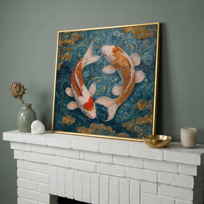 Koi Fish Yin Yang Canvas in yellow gold floating frame
