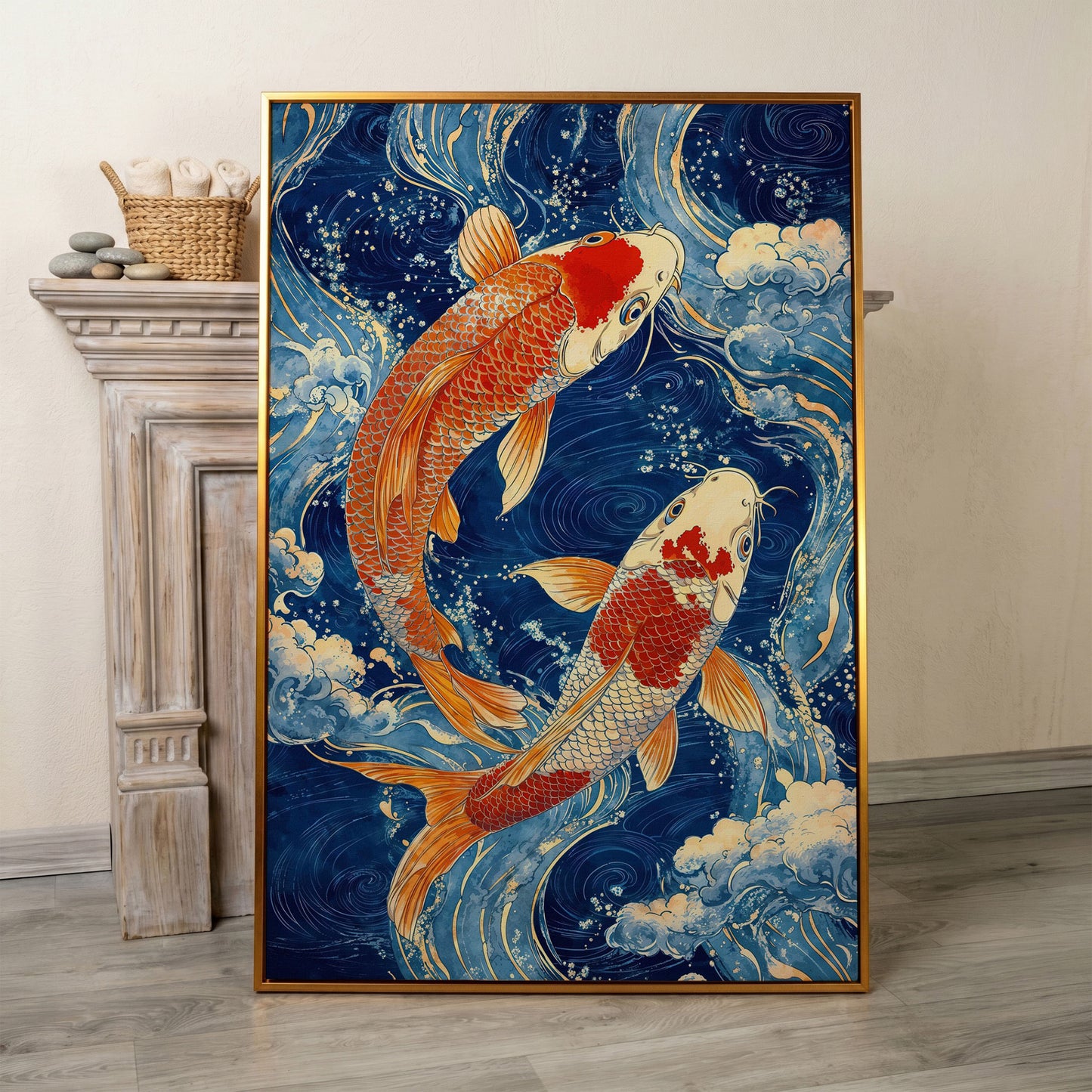 Koi Fish in Waves Canvas in antique gold floating frame