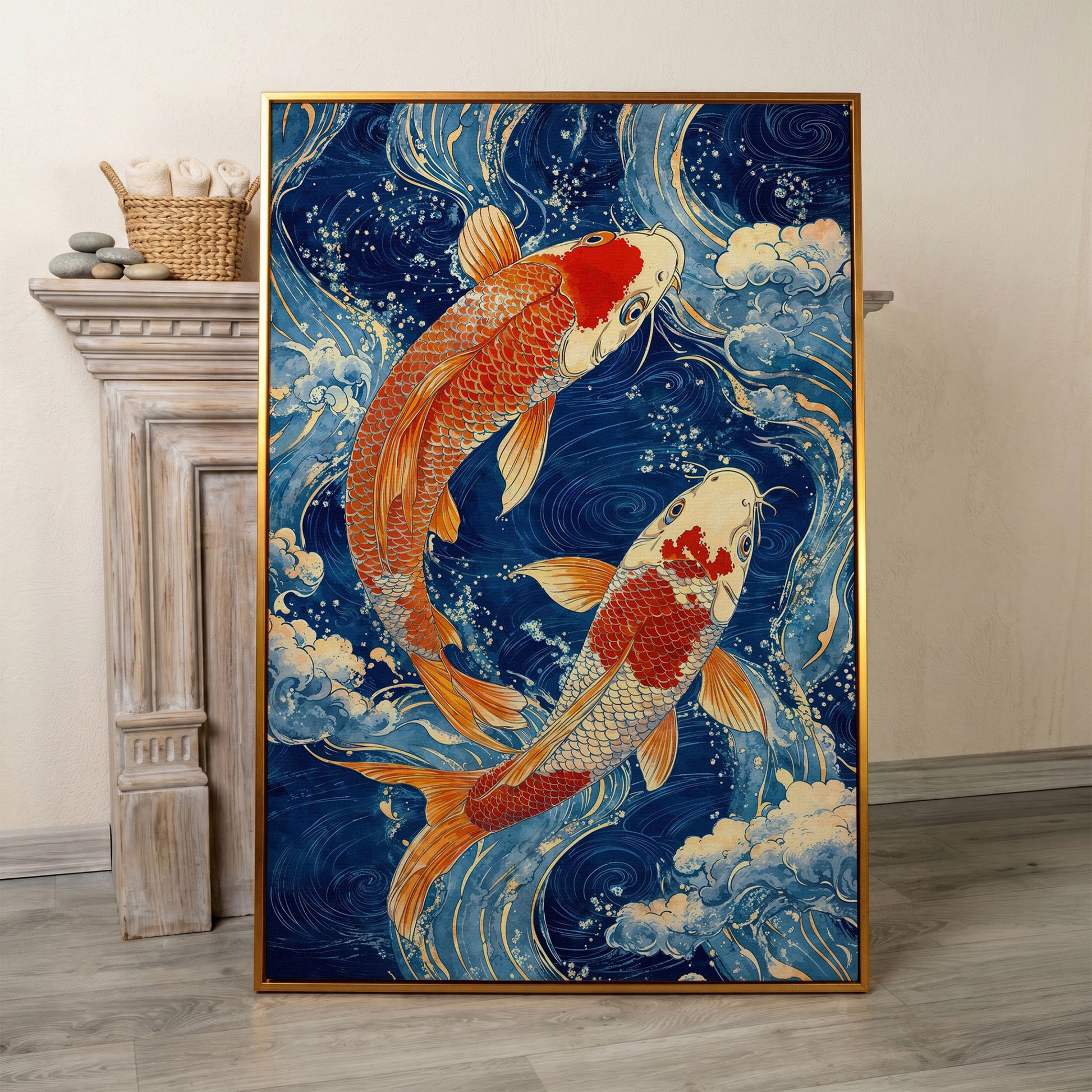 Koi Fish in Waves Canvas in antique gold floating frame
