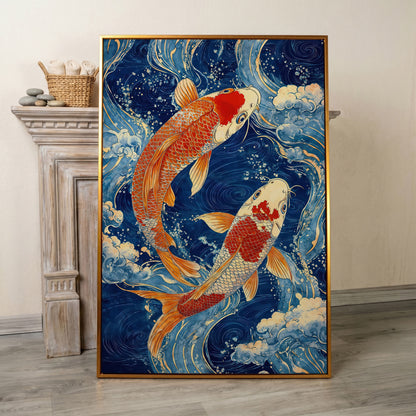 Koi Fish in Waves Canvas in antique gold floating frame
