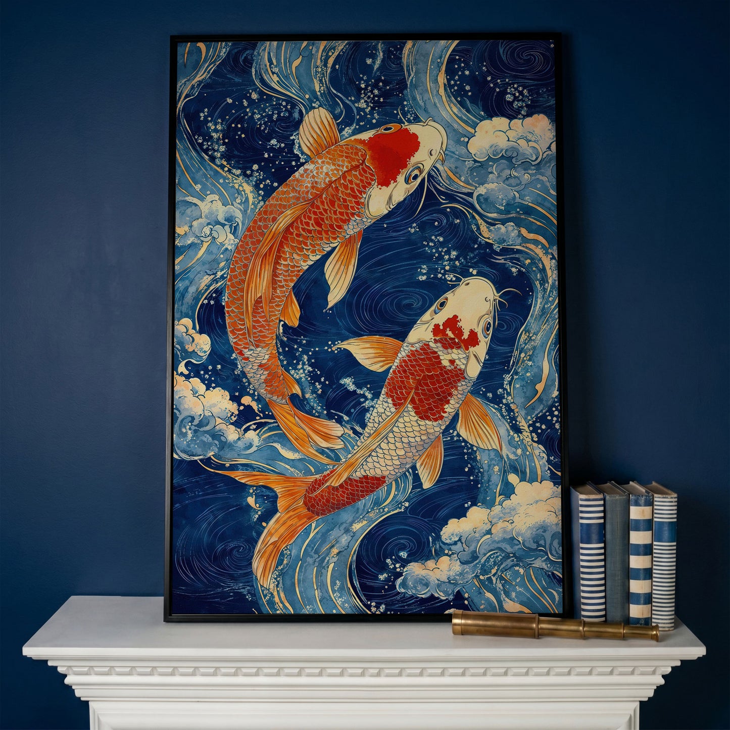 Koi Fish in Waves Canvas in black floating frame