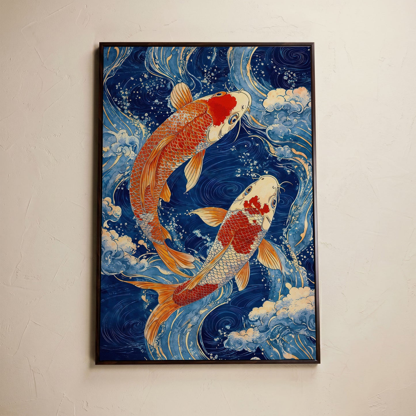 Koi Fish in Waves Canvas in dark walnut floating frame