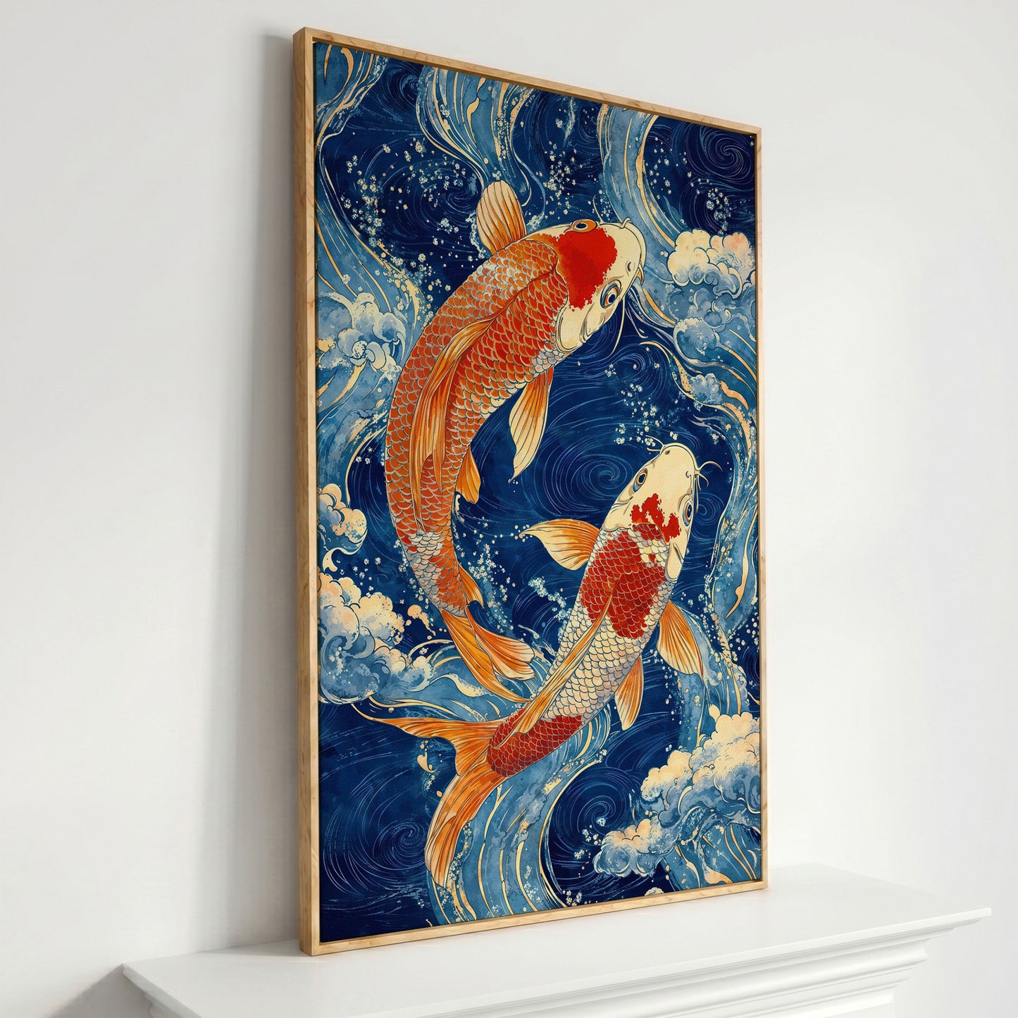Koi Fish in Waves Canvas in white oak floating frame