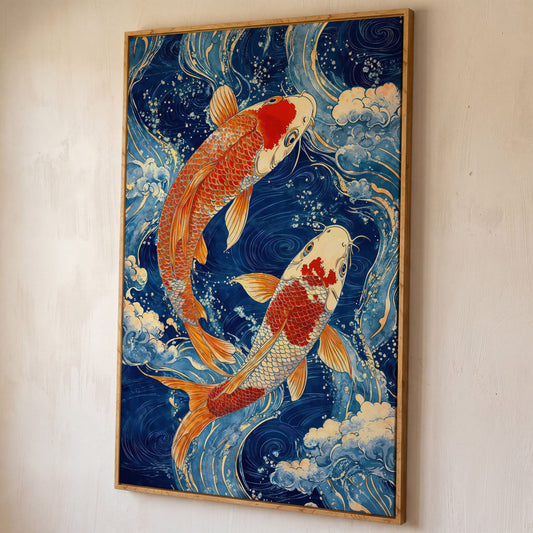 Koi Fish in Waves Canvas shown in white oak floating frame
