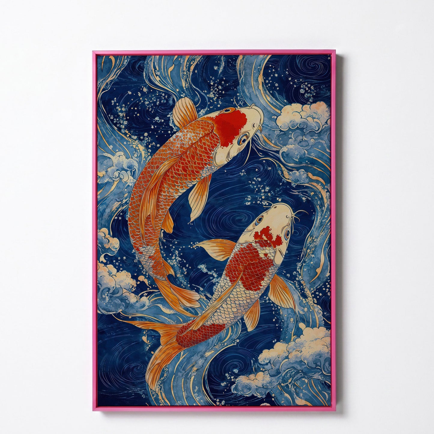 Koi Fish in Waves Canvas in pink floating frame