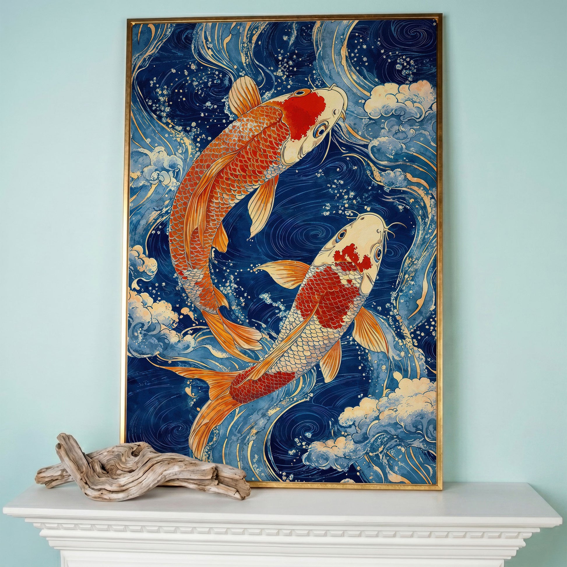 Koi Fish in Waves Canvas in rose gold floating frame