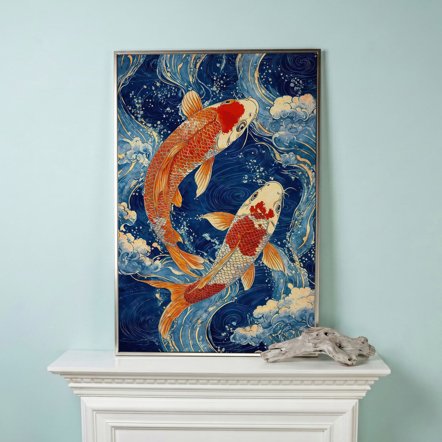 Koi Fish in Waves Canvas in silver floating frame