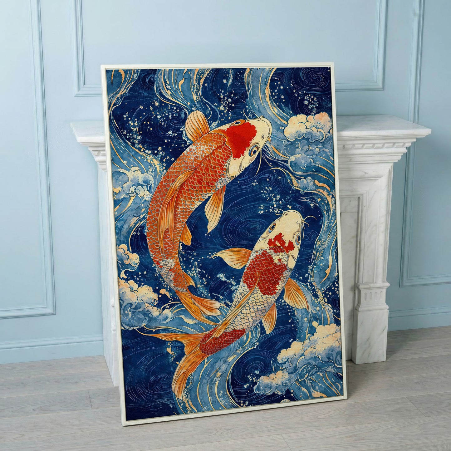 Koi Fish in Waves Canvas in white floating frame