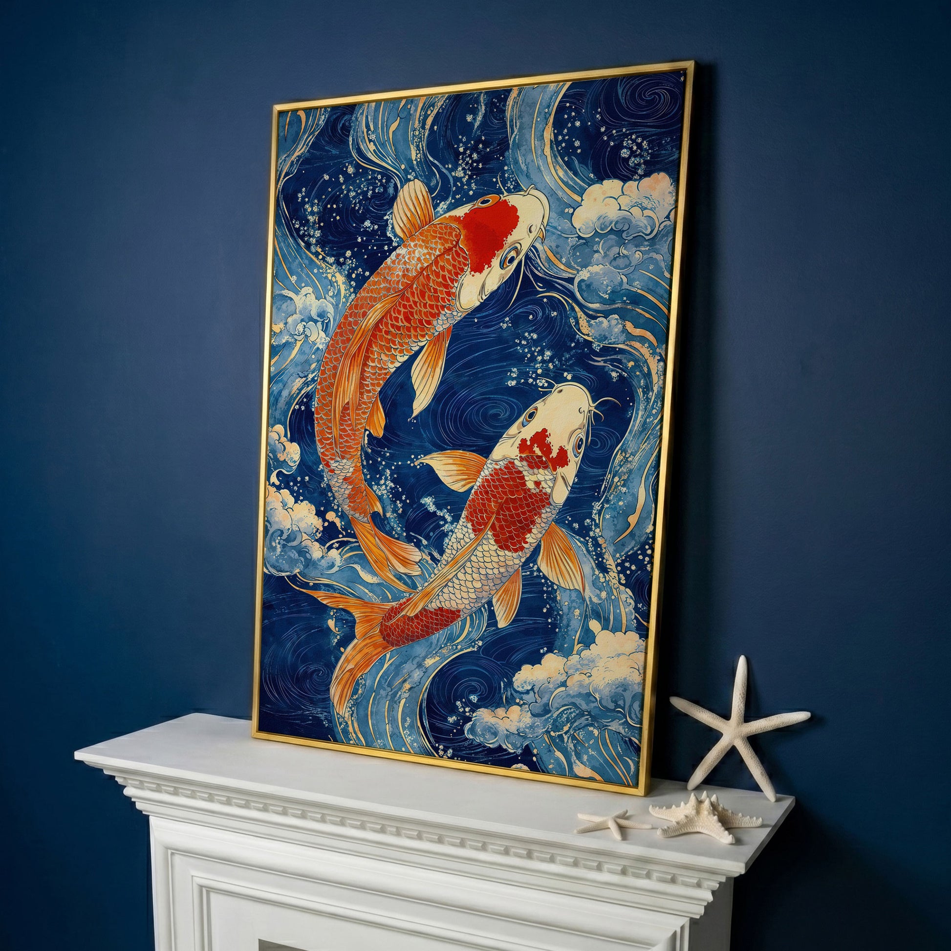 Koi Fish in Waves Canvas in yellow gold floating frame