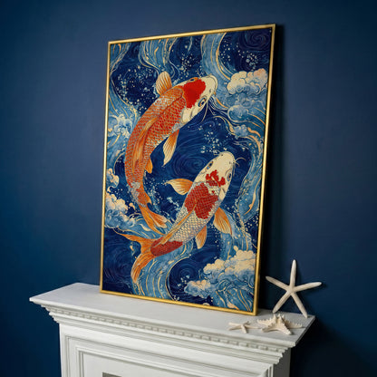 Koi Fish in Waves Canvas in yellow gold floating frame