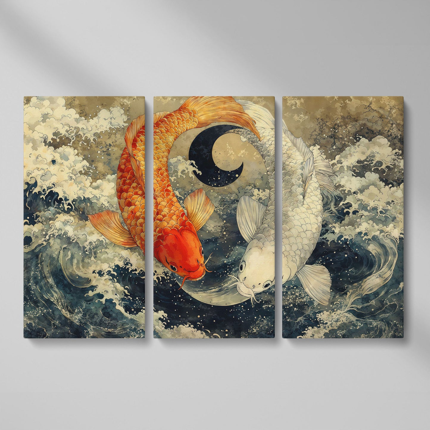 Gold and White Koi Fishes Canvas as 3-panel split version