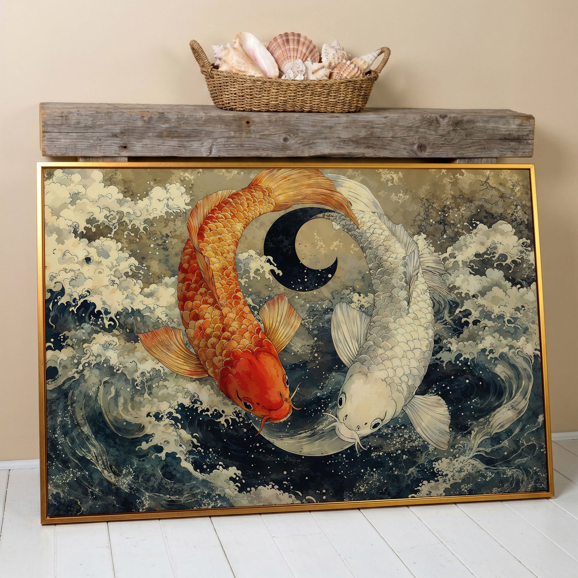 Gold and White Koi Fishes Canvas in antique gold floating frame