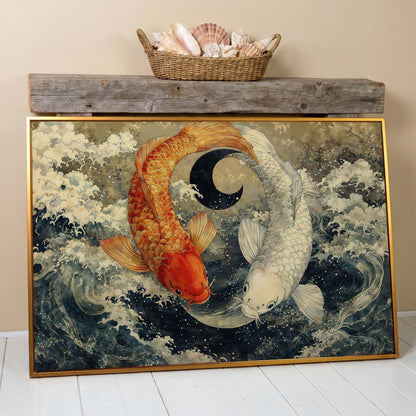 Gold and White Koi Fishes Canvas in antique gold floating frame