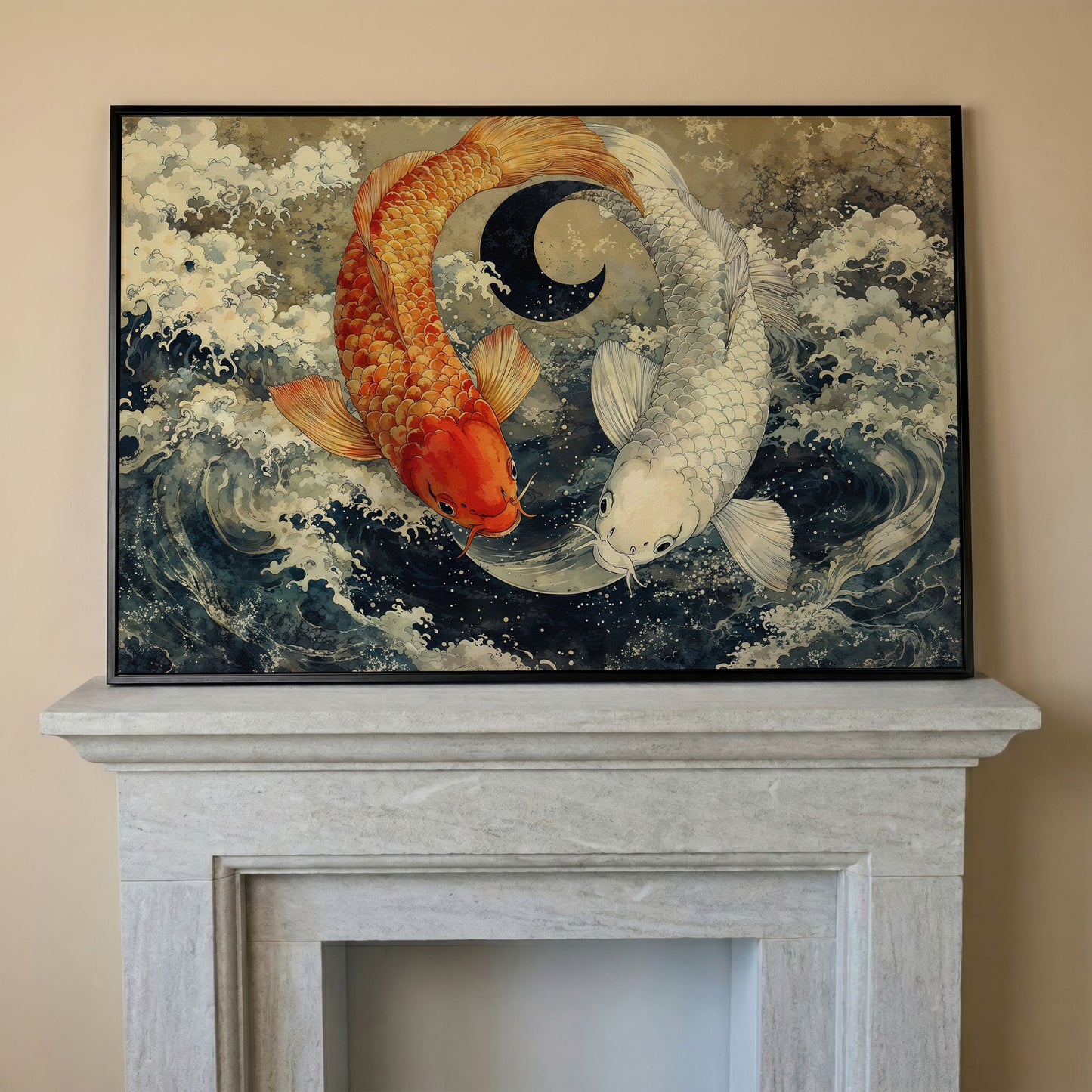 Gold and White Koi Fishes Canvas in black floating frame