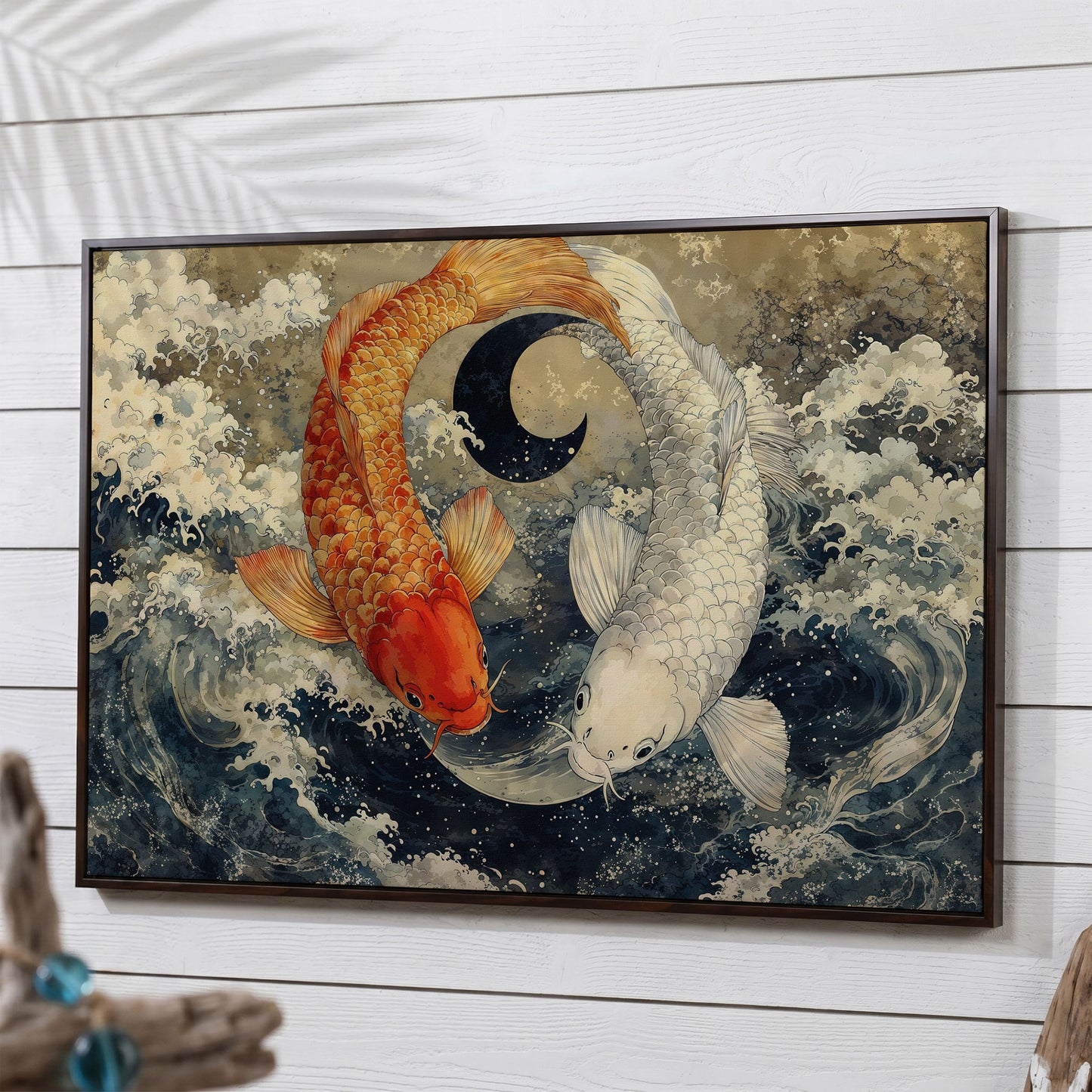 Gold and White Koi Fishes Canvas in dark walnut floating frame
