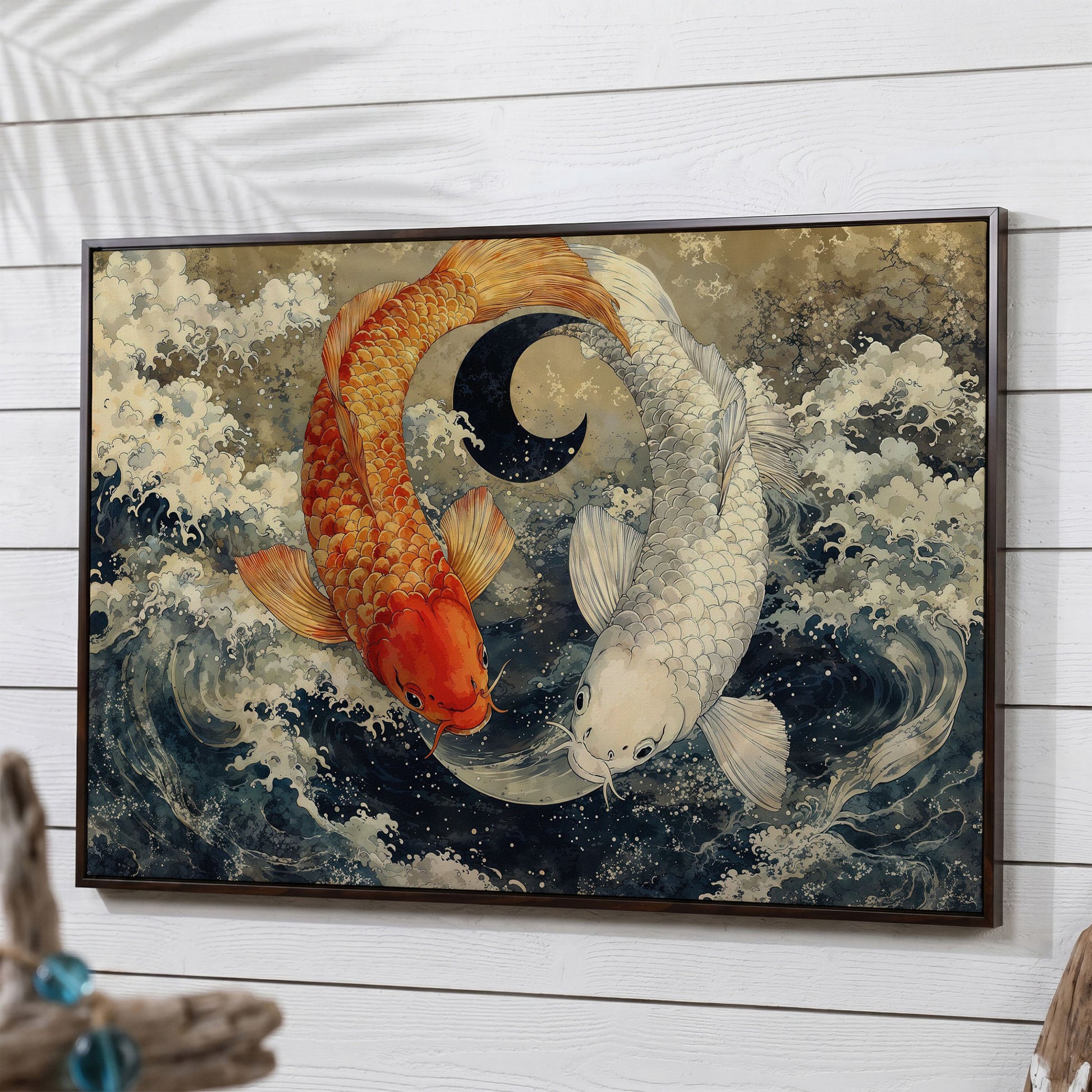 Gold and White Koi Fishes Canvas in dark walnut floating frame