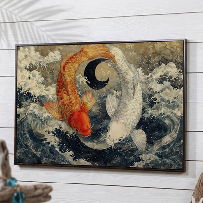 Gold and White Koi Fishes Canvas in dark walnut floating frame