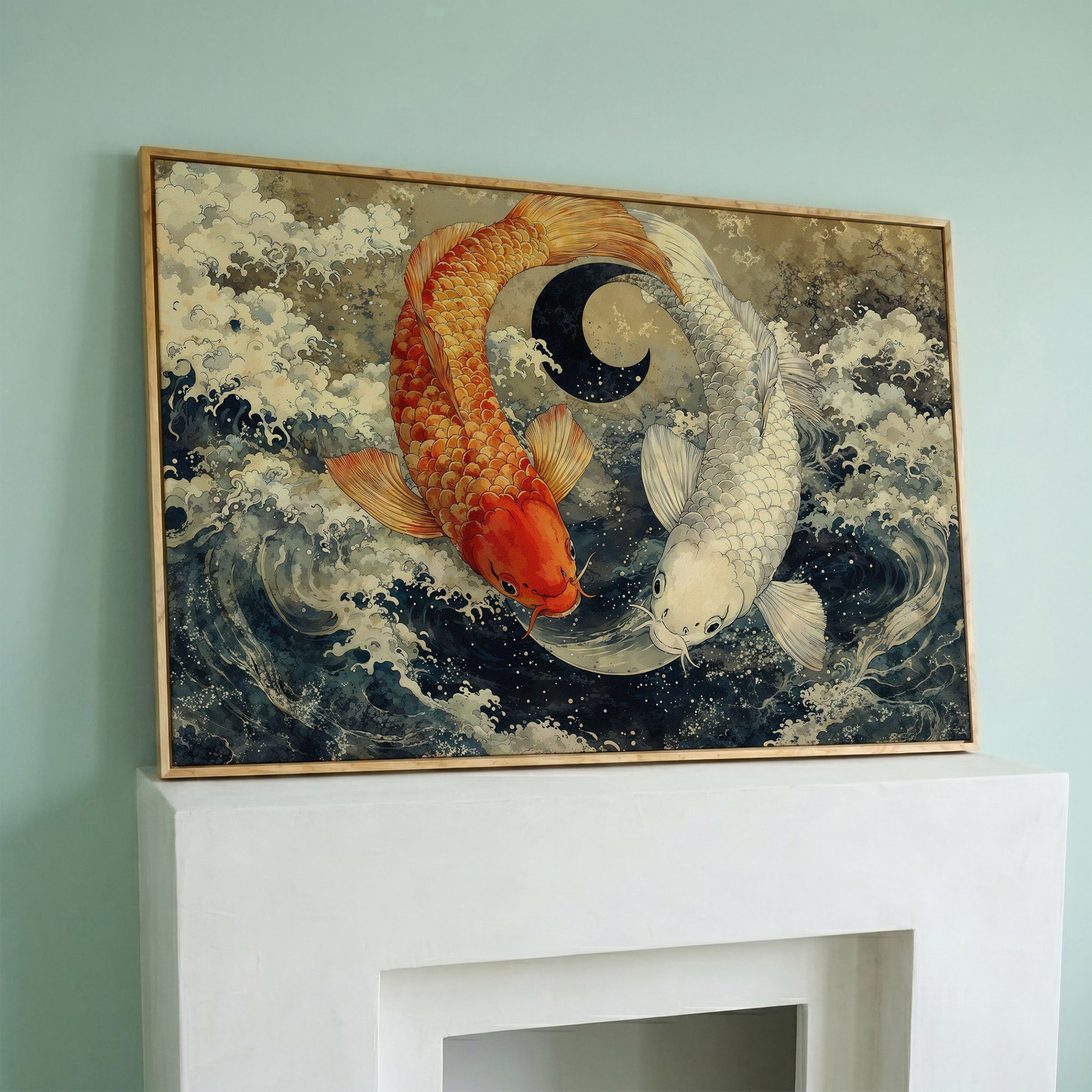 Gold and White Koi Fishes Canvas in white oak floating frame