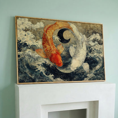 Gold and White Koi Fishes Canvas in white oak floating frame
