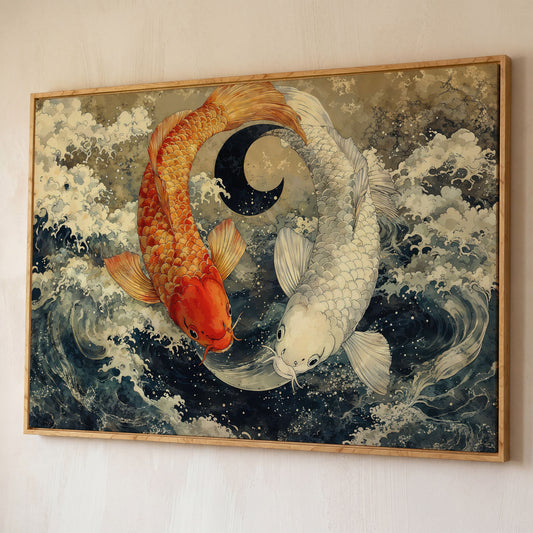 Gold and White Koi Fishes Canvas shown in white oak floating frame