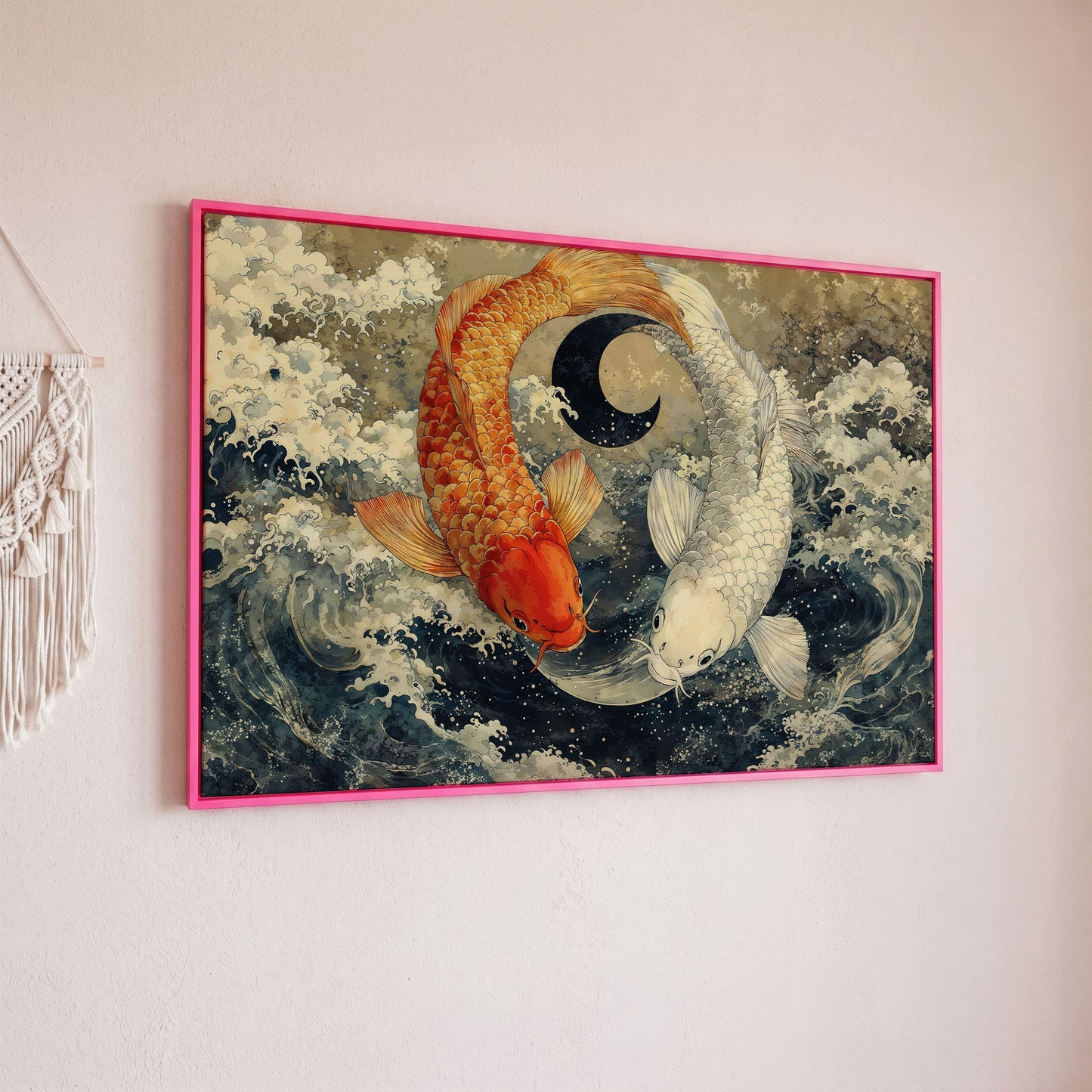 Gold and White Koi Fishes Canvas in pink floating frame