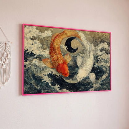 Gold and White Koi Fishes Canvas in pink floating frame