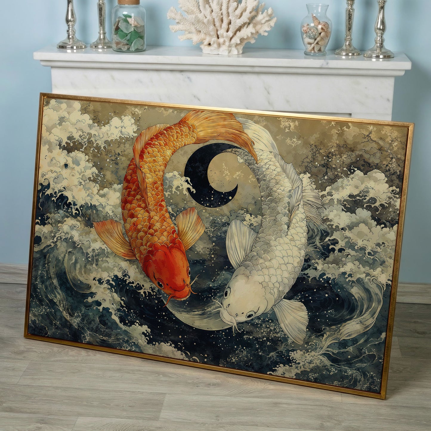 Gold and White Koi Fishes Canvas in rose gold floating frame
