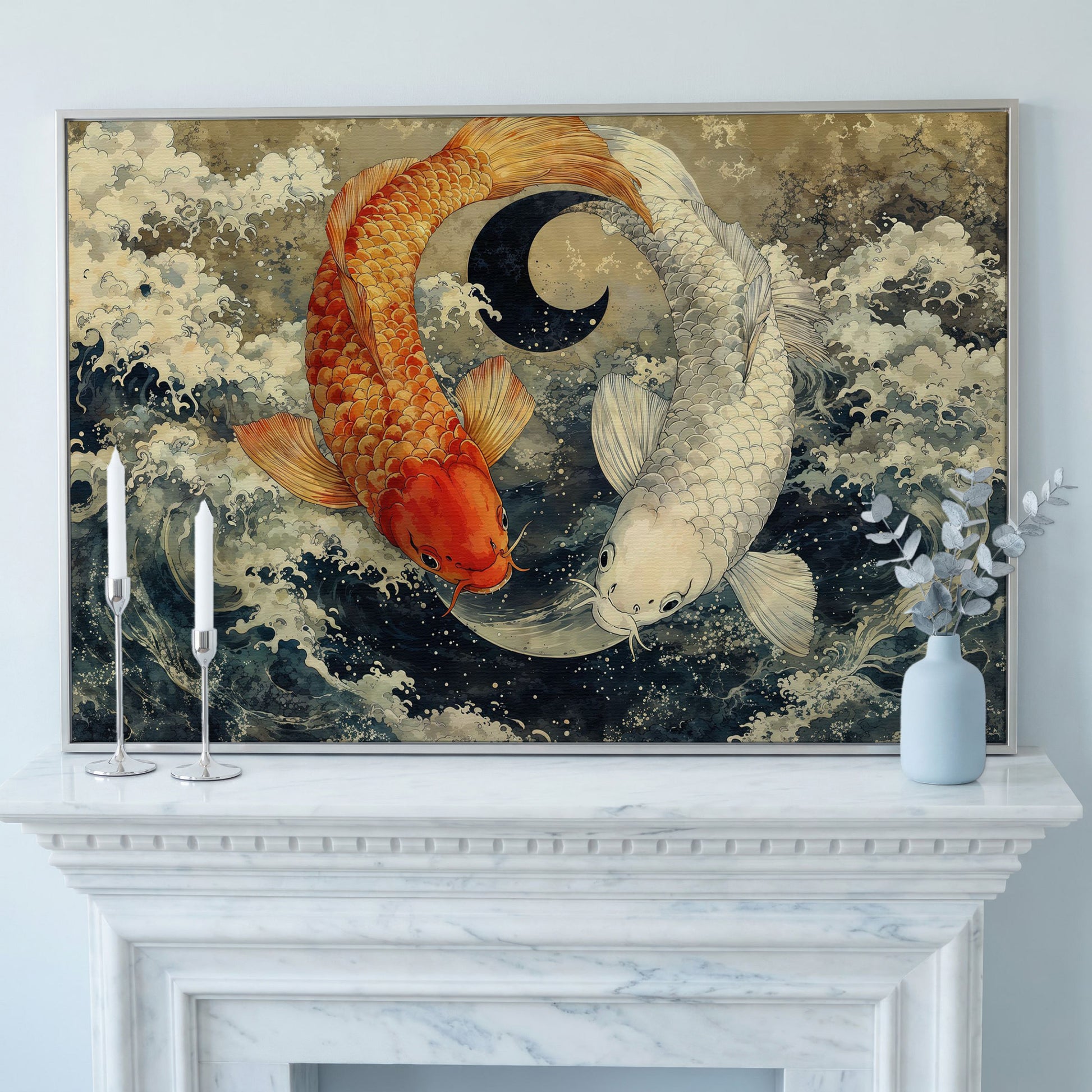 Gold and White Koi Fishes Canvas in silver floating frame