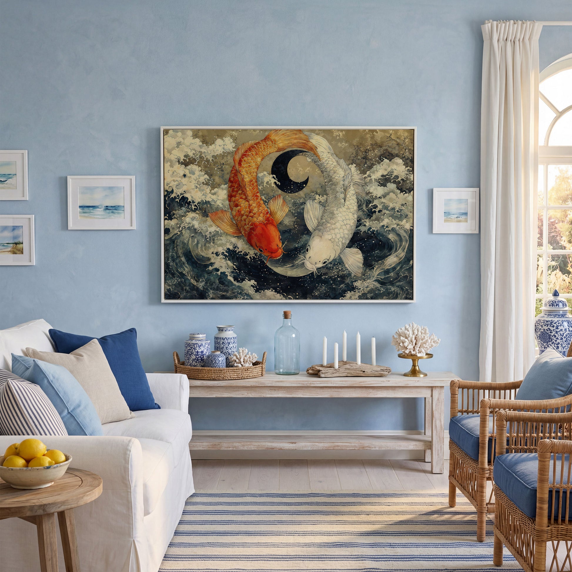 Gold and White Koi Fishes Canvas in white floating frame