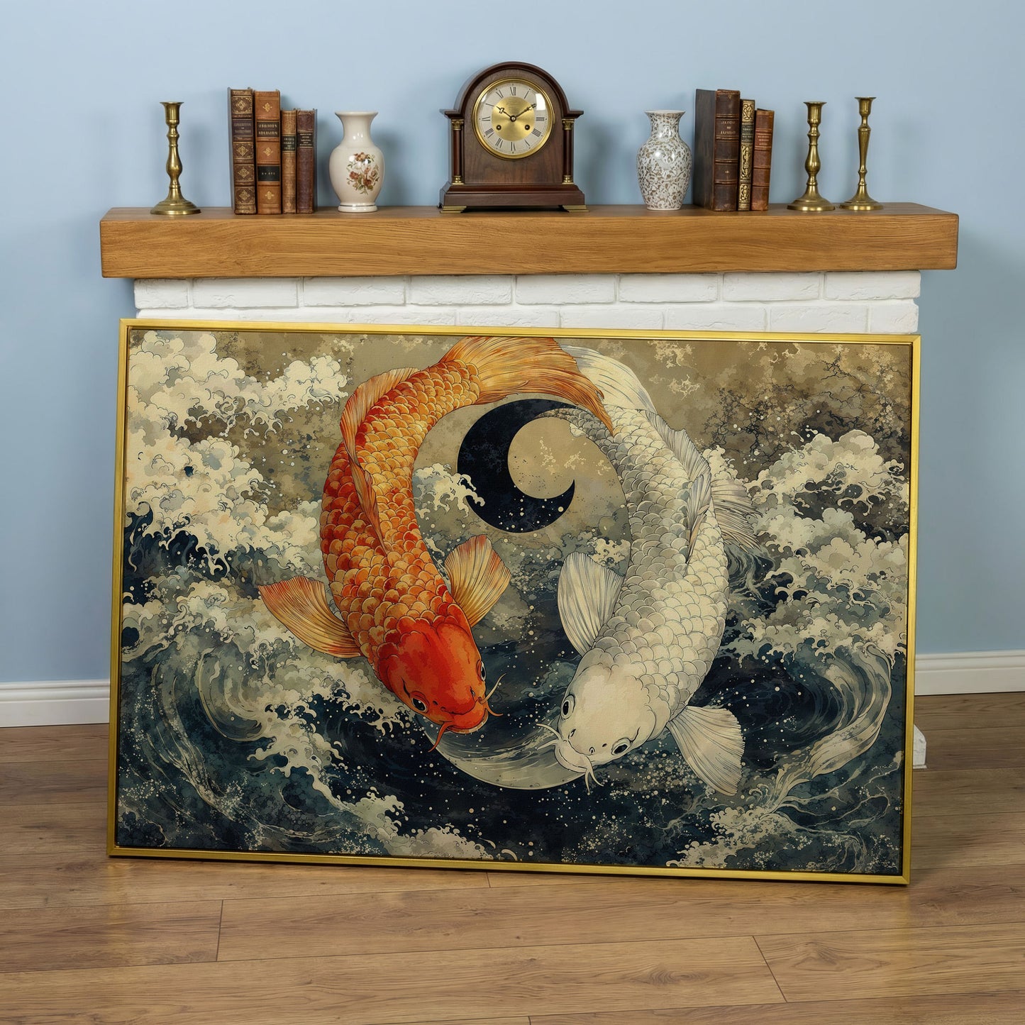 Gold and White Koi Fishes Canvas in yellow gold floating frame