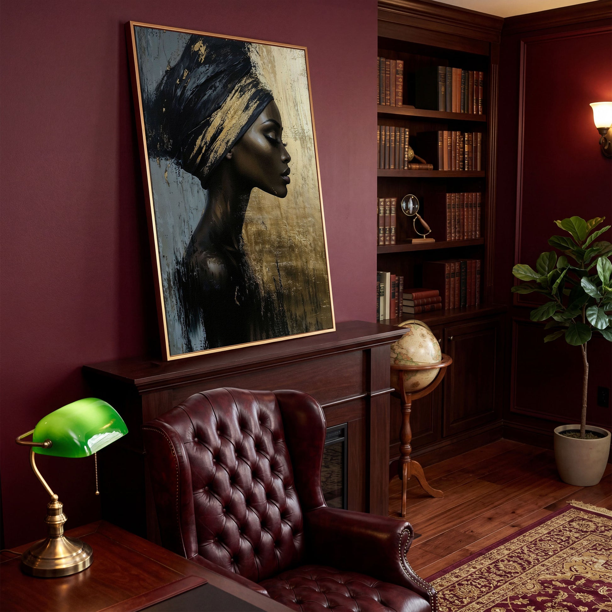 African Woman Profile Canvas Art in Ebony and Gold in antique gold floating frame