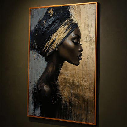 African Woman Profile Canvas Art in Ebony and Gold shown in antique gold floating frame