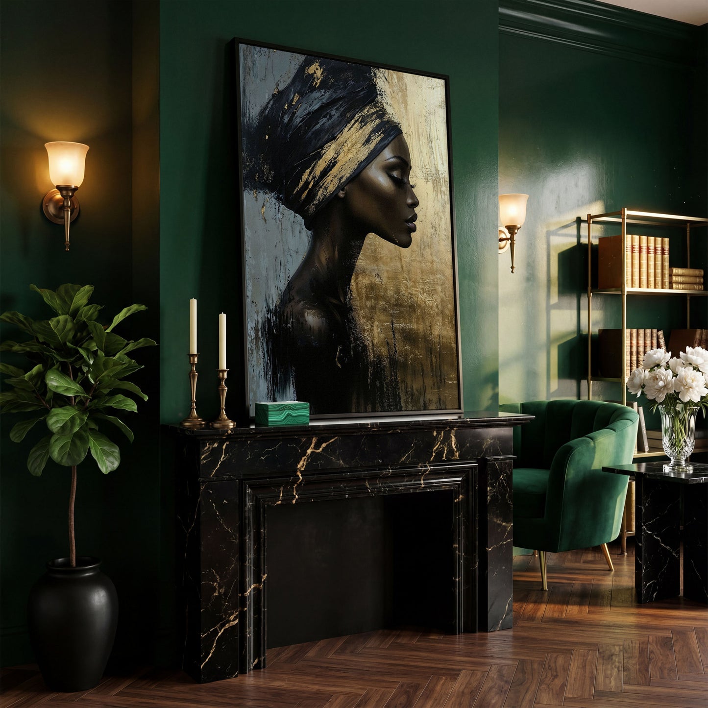 African Woman Profile Canvas Art in Ebony and Gold in black floating frame