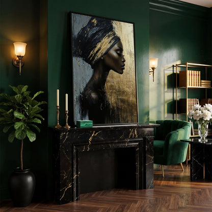 African Woman Profile Canvas Art in Ebony and Gold in black floating frame