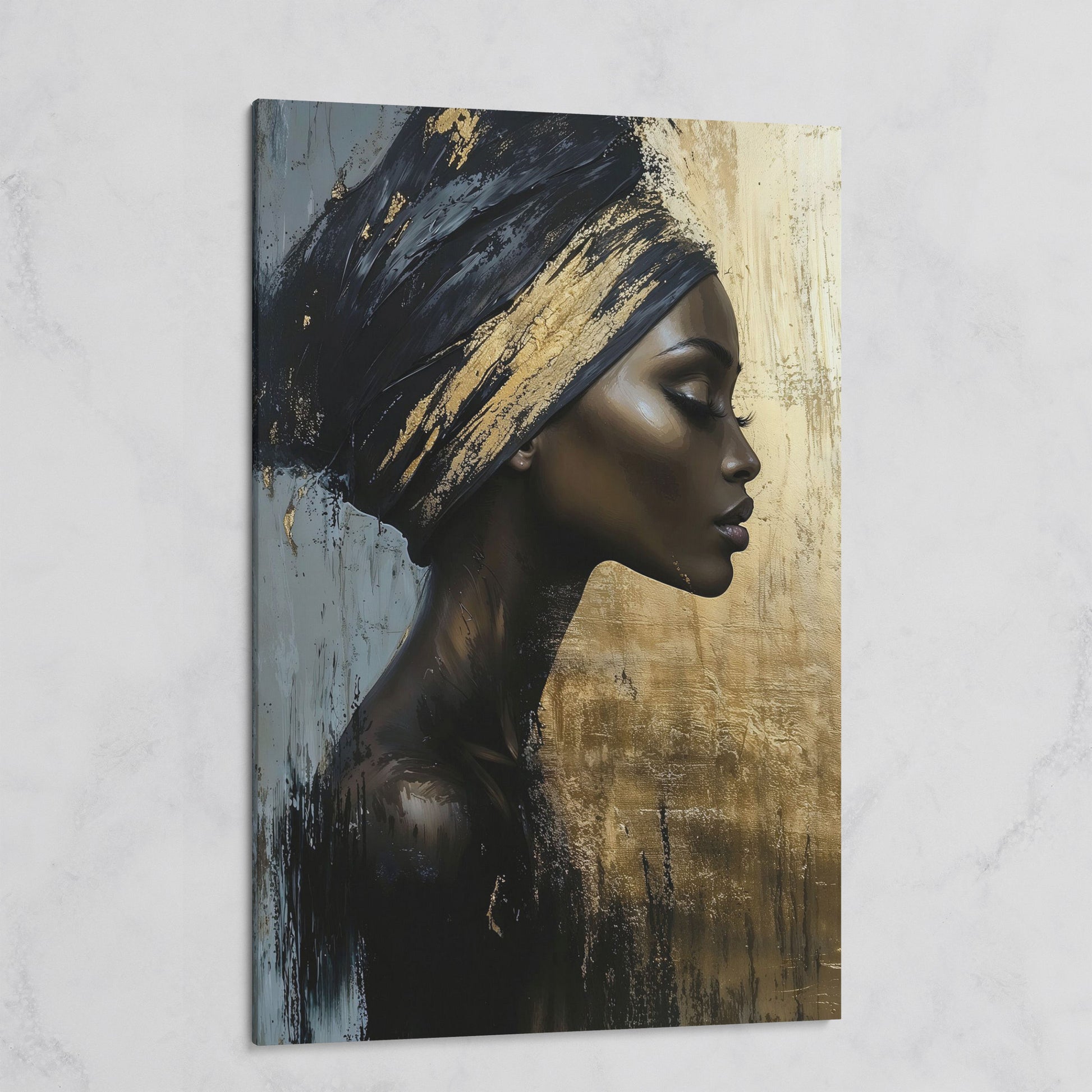 African Woman Profile Canvas Art in Ebony and Gold on gallery wrap