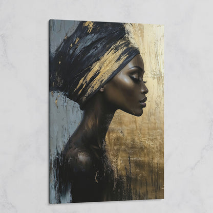African Woman Profile Canvas Art in Ebony and Gold on gallery wrap