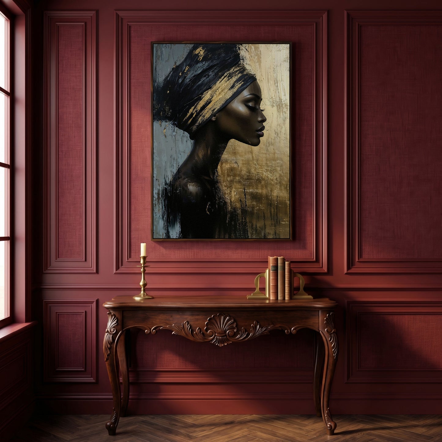 African Woman Profile Canvas Art in Ebony and Gold in dark walnut floating frame