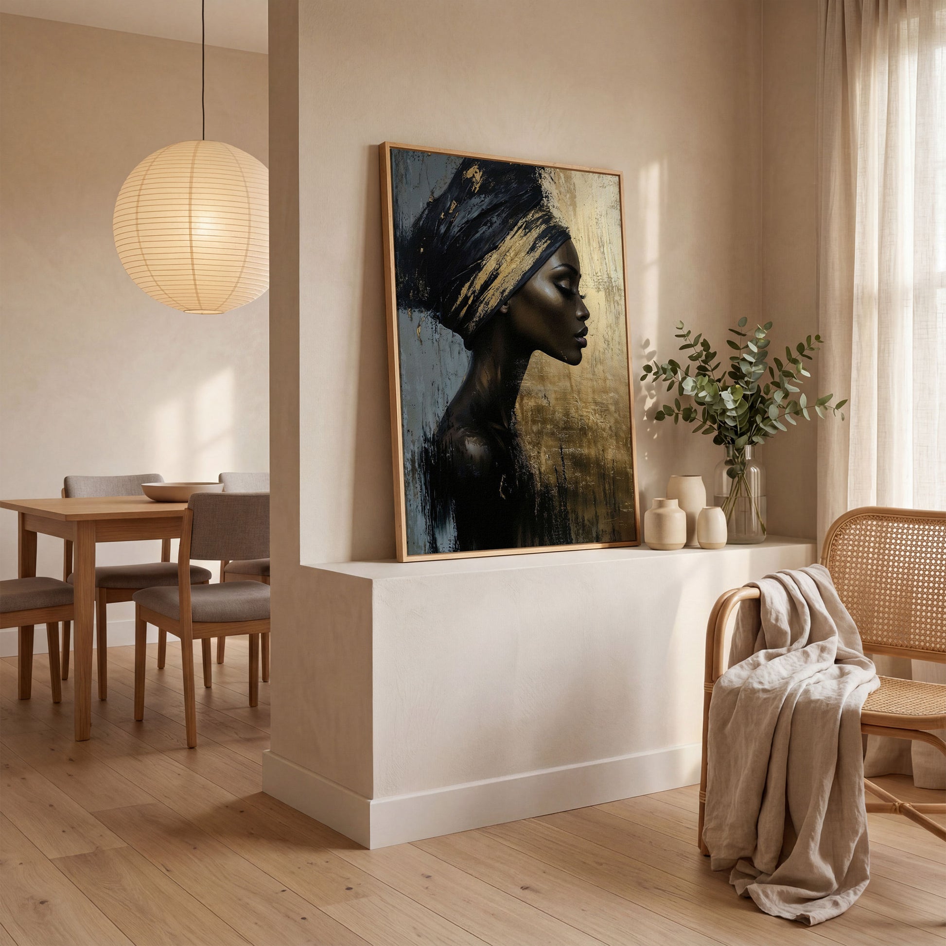 African Woman Profile Canvas Art in Ebony and Gold in white oak floating frame