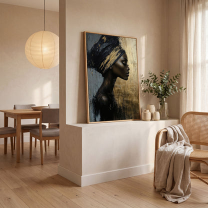 African Woman Profile Canvas Art in Ebony and Gold in white oak floating frame