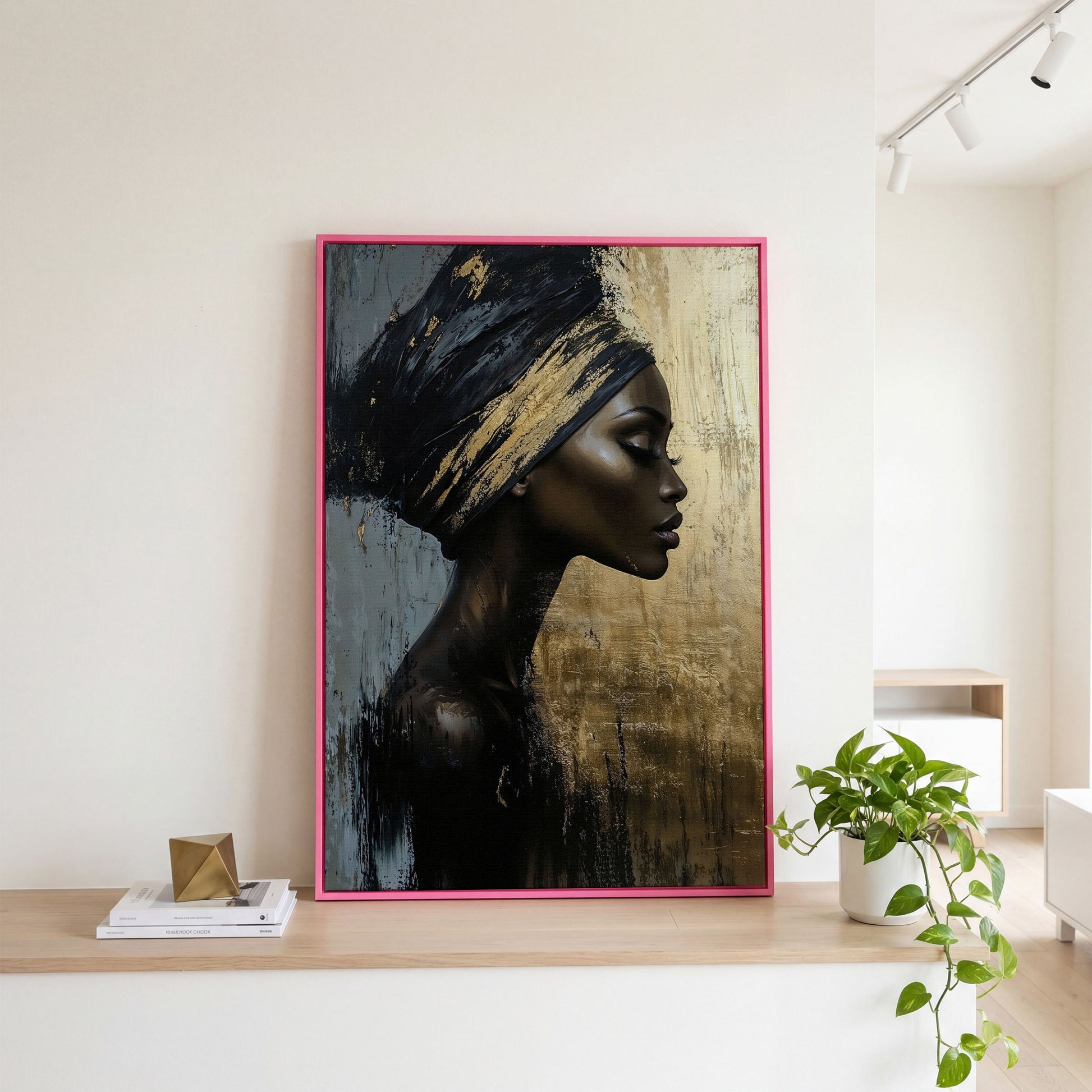 African Woman Profile Canvas Art in Ebony and Gold in pink floating frame